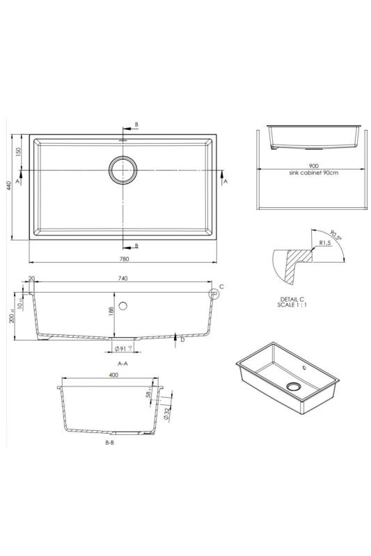 GraniteMy Universele grote witte granieten spoelbak 74x40 cm, witte opbouw, onderbouw en vlakbouw met rvs plug 1208967111