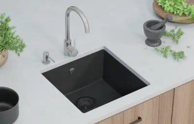 GraniteMy Universele granieten zwarte spoelbak 40x40 cm zwart opbouw onderbouw en vlakbouw met zwarte plug 1208967112