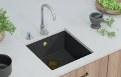 GraniteMy Universele granieten zwarte spoelbak 40x40 cm negru, montaj deasupra, dedesubt și la același nivel cu blatul, cu dop auriu 1208967113