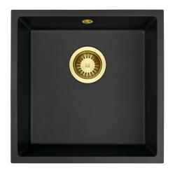GraniteMy Universele granieten zwarte spoelbak 40x40 cm negru, montaj deasupra, dedesubt și la același nivel cu blatul, cu dop auriu 1208967113