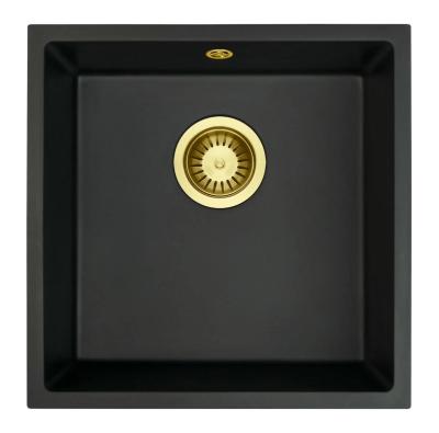 GraniteMy Universele granieten zwarte spoelbak 40x40 cm negru, montaj deasupra, dedesubt și la același nivel cu blatul, cu dop auriu 1208967113