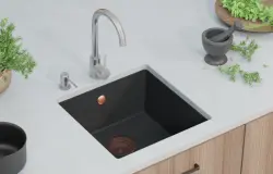 GraniteMy Universele granieten zwarte gootsteen 40x40 cm zwart opbouw, onderbouw en vlakbouw met koperen plug 1208967114