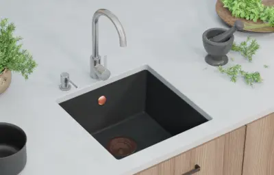 GraniteMy Universele granieten zwarte gootsteen 40x40 cm zwart opbouw, onderbouw en vlakbouw met koperen plug 1208967114