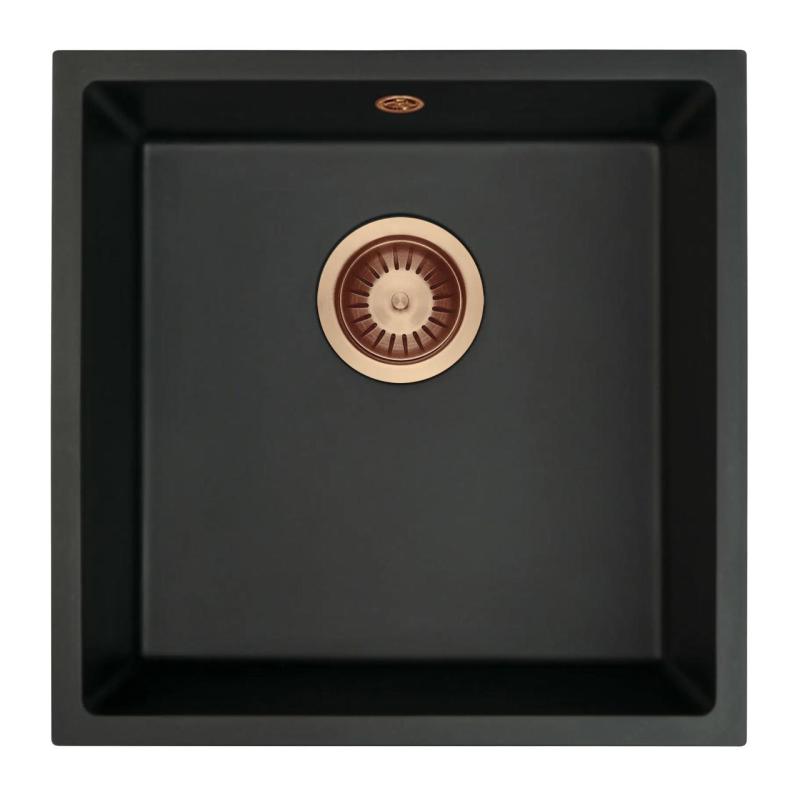 GraniteMy Universele granieten zwarte gootsteen 40x40 cm zwart opbouw, onderbouw en vlakbouw met koperen plug 1208967114