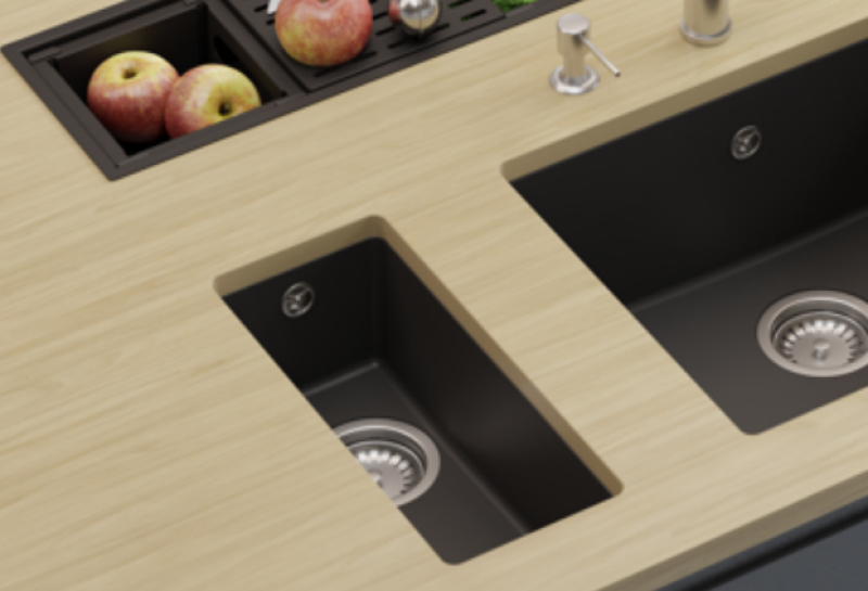 GraniteMy Universele granieten kleine zwarte spoelbak 17x40 cm negru montare pe blat, sub blat și la nivel cu blatul cu dop de cupru 1208967141