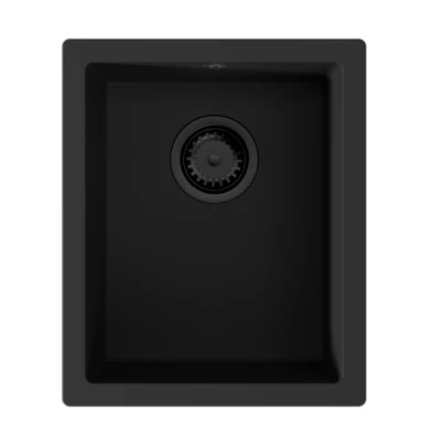 GraniteMy Universele granieten zwarte gootsteen 34x40 cm zwart opbouw onderbouw en vlakbouw met zwarte plug 1208967143