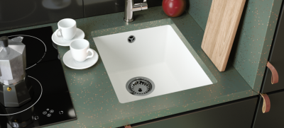 GraniteMy Universele granieten witte spoelbak 34x40 cm alb, montaj deasupra, dedesubt și la același nivel cu blatul, cu dop alb 1208967146