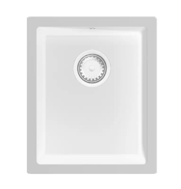 GraniteMy Universele granieten witte spoelbak 34x40 cm alb, montaj deasupra, dedesubt și la același nivel cu blatul, cu dop alb 1208967146