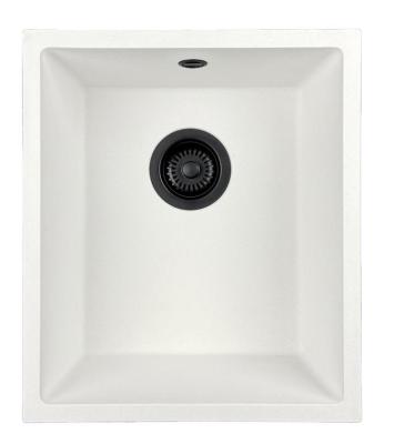 GraniteMy Universele granieten witte spoelbak 34x40 cm alb montaj pe blat, montaj sub blat și montaj la nivel cu blat cu dop negru 1208967147