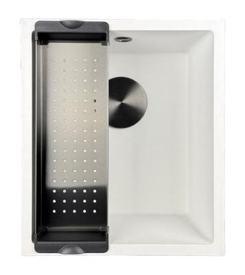 GraniteMy Universele granieten witte spoelbak 34x40 cm alb montaj pe blat, montaj sub blat și montaj la nivel cu blat cu dop negru 1208967147