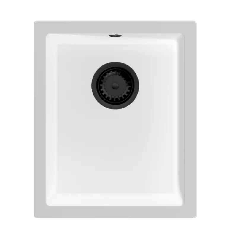 GraniteMy Universele granieten witte spoelbak 34x40 cm alb montaj pe blat, montaj sub blat și montaj la nivel cu blat cu dop negru 1208967147