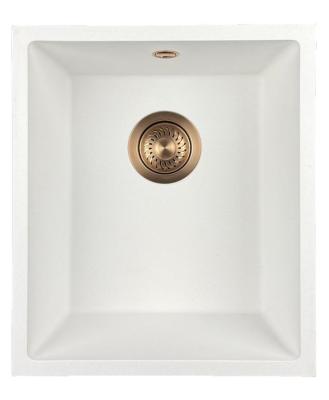 GraniteMy Universele granieten witte spoelbak 34x40 cm alb, montaj pe blat, sub blat și la nivel cu blat, cu dop de cupru 1208967148