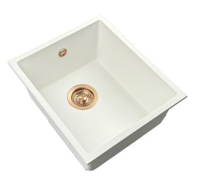 GraniteMy Universele granieten witte spoelbak 34x40 cm alb, montaj pe blat, sub blat și la nivel cu blat, cu dop de cupru 1208967148