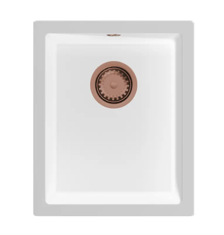 GraniteMy Universele granieten witte spoelbak 34x40 cm alb, montaj pe blat, sub blat și la nivel cu blat, cu dop de cupru 1208967148