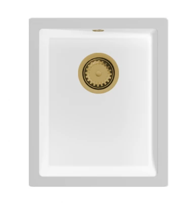 GraniteMy Universele witte granieten spoelbak 34x40 cm, wit, voor opbouw, onderbouw en vlakbouw met gouden plug 1208967149