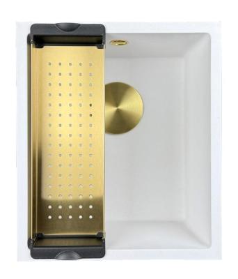 GraniteMy Universele witte granieten spoelbak 34x40 cm, wit, voor opbouw, onderbouw en vlakbouw met gouden plug 1208967149