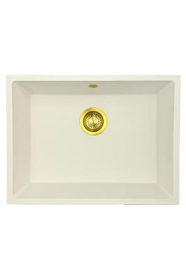 GraniteMy Universele granieten witte spoelbak 55x40 cm alb, montaj pe blat, sub blat și la nivel cu blatul, cu dop auriu 1208967155