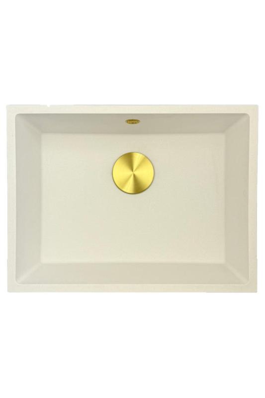 GraniteMy Universele granieten witte spoelbak 55x40 cm alb, montaj pe blat, sub blat și la nivel cu blatul, cu dop auriu 1208967155