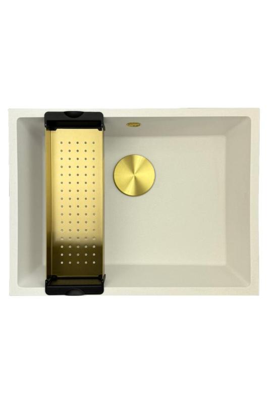 GraniteMy Universele granieten witte spoelbak 55x40 cm alb, montaj pe blat, sub blat și la nivel cu blatul, cu dop auriu 1208967155