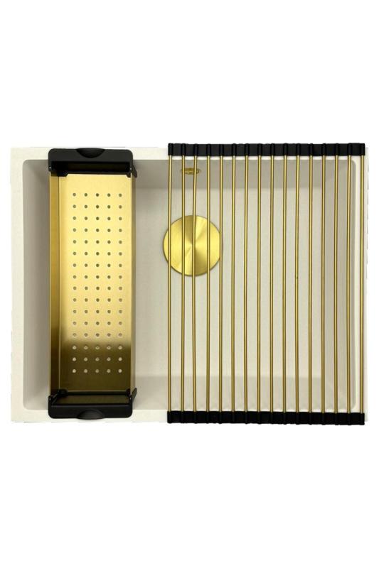 GraniteMy Universele granieten witte spoelbak 55x40 cm alb, montaj pe blat, sub blat și la nivel cu blatul, cu dop auriu 1208967155