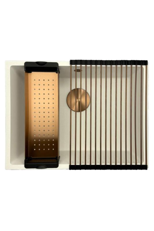 GraniteMy Universele witte granieten spoelbak 55x40 cm wit opbouw, onderbouw en vlakbouw met koperen plug 1208967156