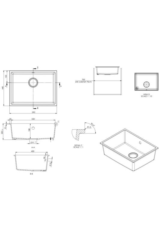 GraniteMy Universele witte granieten spoelbak 55x40 cm wit opbouw, onderbouw en vlakbouw met koperen plug 1208967156