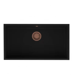 GraniteMy Universele grote zwarte granieten spoelbak 74x40 cm, geschikt voor opbouw, onderbouw en vlakbouw, met koperen plug 1208967158.