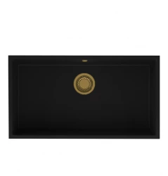 GraniteMy Universele grote zwarte granieten spoelbak 74x40 cm, opbouw, onderbouw en vlakbouw met gouden plug 1208967159