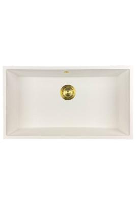 GraniteMy Universele grote witte granieten spoelbak 74x40 cm alb, montaj pe blat, submontaj și la nivel, cu dop auriu 1208967163