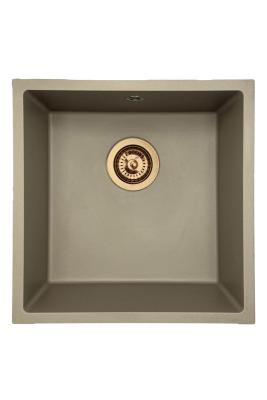 GraniteMy Universele granieten taupe gootsteen 40x40 cm voor opbouw, onderbouw en vlakbouw met koperen plug 1208967214