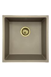 GraniteMy Universele granieten taupe spoelbak 40x40 cm, geschikt voor opbouw, onderbouw en vlakbouw, met gouden plug 1208967215