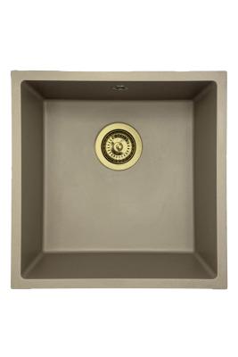 GraniteMy Universele granieten taupe spoelbak 40x40 cm, geschikt voor opbouw, onderbouw en vlakbouw, met gouden plug 1208967215
