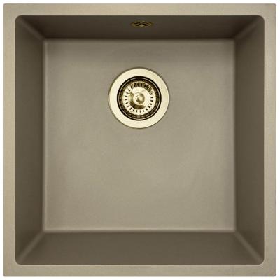 GraniteMy Universele granieten taupe spoelbak 40x40 cm, geschikt voor opbouw, onderbouw en vlakbouw, met gouden plug 1208967215