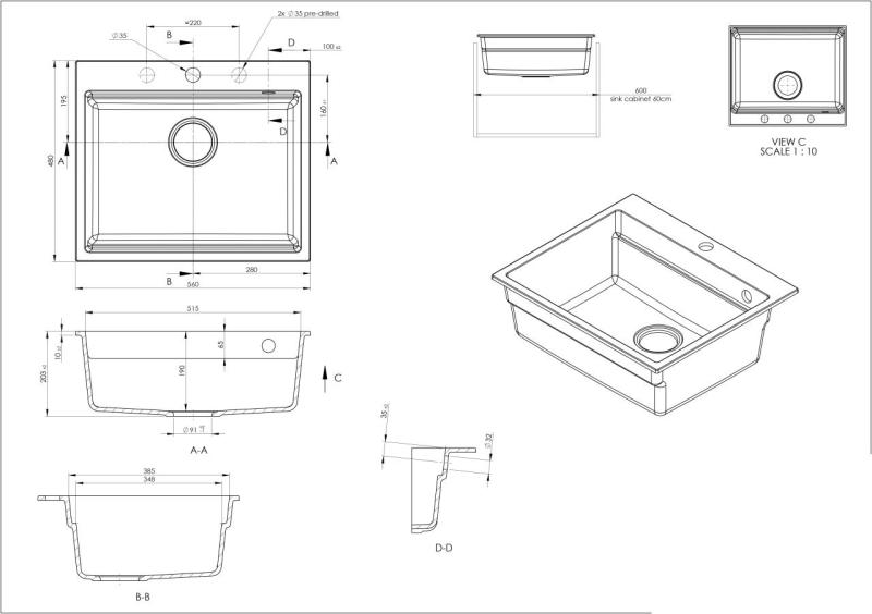GraniteMy chiuvetă de granit pentru bucătărie 56x48 cm neagră montare pe blat cu dop negru inclusiv accesorii 1208967233