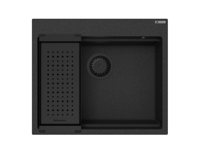 GraniteMy chiuvetă de granit pentru bucătărie 56x48 cm neagră montare pe blat cu dop negru inclusiv accesorii 1208967233