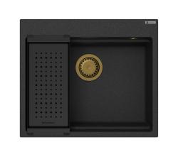 GraniteMy chiuvetă din granit pentru bucătărie 56x48 cm neagră montare pe blat cu dop auriu, inclusiv accesorii 1208967235