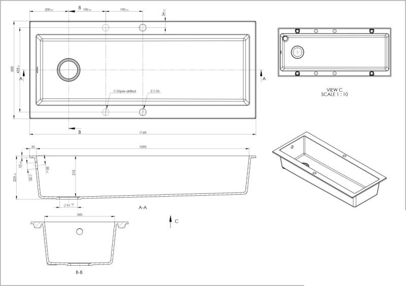 GraniteMy Trog granit foarte mare chiuvetă neagră 116x50 cm negru deasupra cu banc de robinet și dop de cupru 1208967238