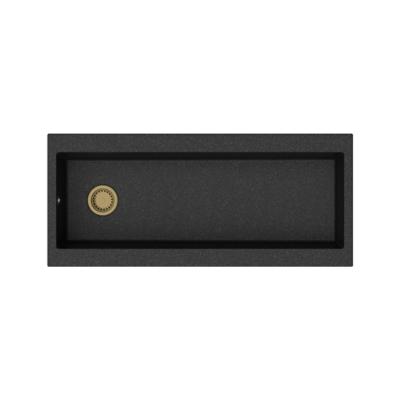 GraniteMy Trog chiuvetă mare de granit negru 116x50 cm negru montaj pe blat cu suport pentru baterie și ventil auriu 1208967239
