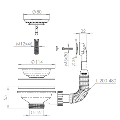 Set de dopuri pentru chiuvetă Granitemy din oțel inoxidabil periat, set de scurgere pentru chiuvetă incl. suprafață rotundă și dreptunghiulară 1208967254