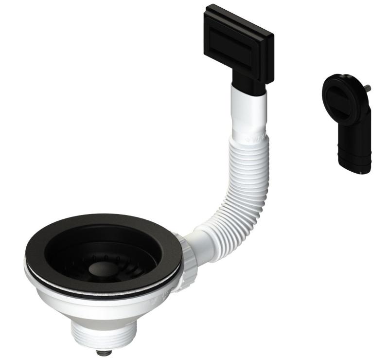 Set de dopuri Granitemy, negru mat, set de scurgere pentru chiuvetă, incluzând preaplin rotund și dreptunghiular 1208967256