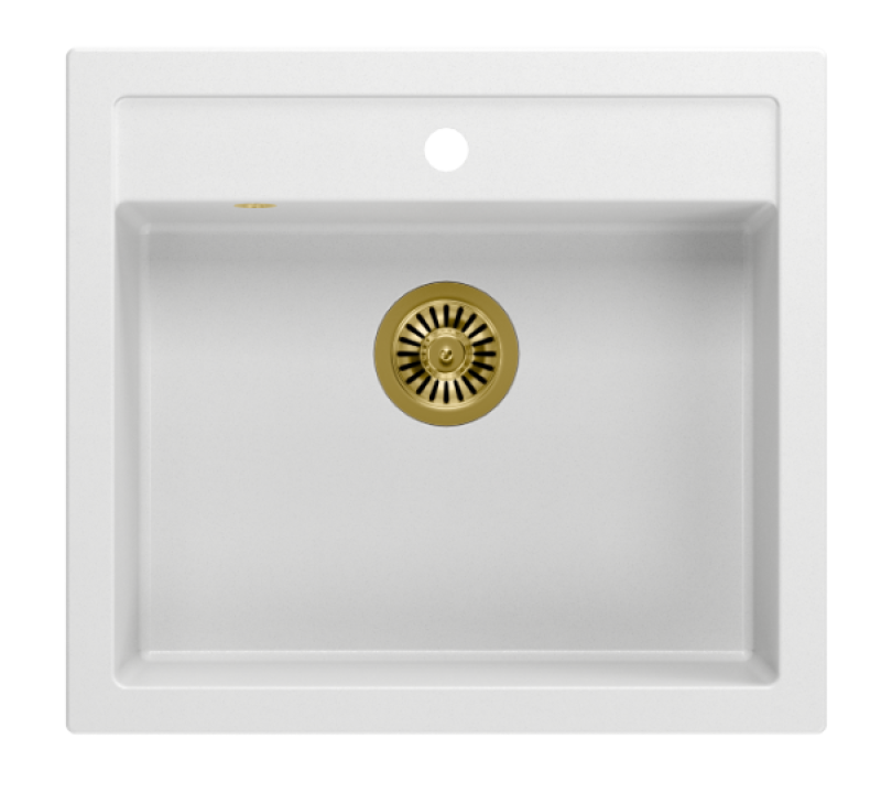 Quadri Farmhouse chiuvetă de bucătărie din granit, montare încastrată sau pe blat, alb mat cu dop auriu, 595x540mm, 1208967264.