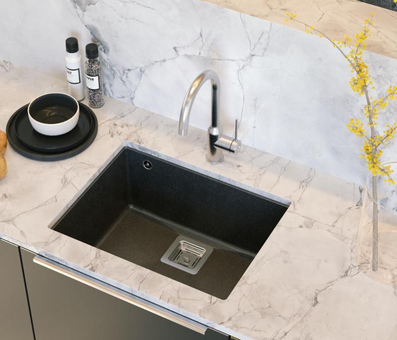 Quadri Quadrangle antracit granit chiuvetă încorporată 55x42cm cu dop din oțel inoxidabil 1208967273