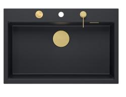 Quadri Hard Rock mat negru granit chiuvetă mare de blat 76x50cm inclusiv dop auriu și accesorii 1208967277