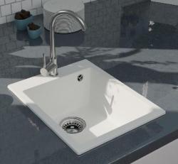 GraniteMy Bremen chiuvetă din granit alb 40x50 cm alb, montare deasupra, montare de dedesubt și montare la același nivel cu blat, cu banc de gaură pentru baterie și dop din inox 1208967284