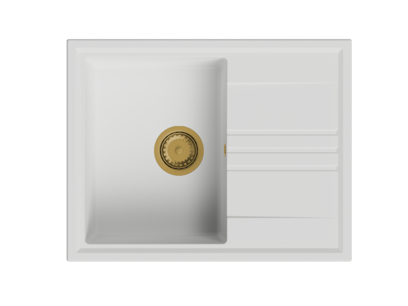 GraniteMy Chiuvetă de montare din granit alb 64x50cm cu scurgere reversibilă cu dop de aur (alama periată) 1208967300