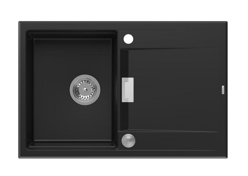 Quadri Minton Granit Chiuvetă Neagră de Suprafață 76x50cm cu Scurgător Reversibil și Dop din Inox - 1208967303