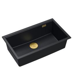 Quadri Newport II chiuvetă mare și adâncă din granit, montare pe blat și sub blat, chiuvetă neagră 76x45cm cu dop auriu 1208967307