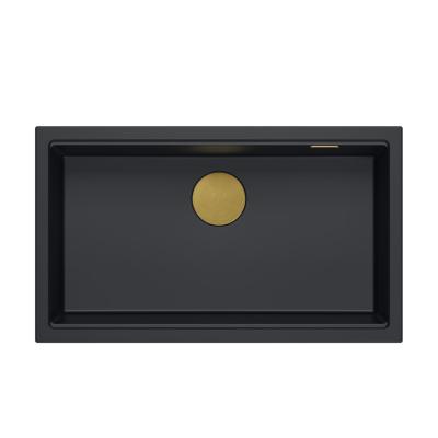 Quadri Newport II chiuvetă mare și adâncă din granit, montare pe blat și sub blat, chiuvetă neagră 76x45cm cu dop auriu 1208967307