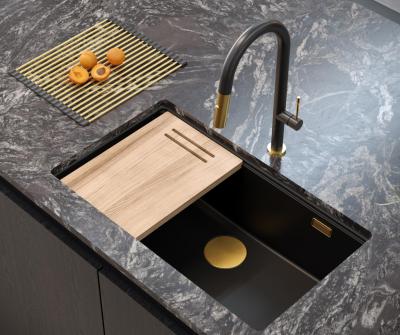 Quadri Newport II chiuvetă mare și adâncă din granit, montare pe blat și sub blat, chiuvetă neagră 76x45cm cu dop auriu 1208967307