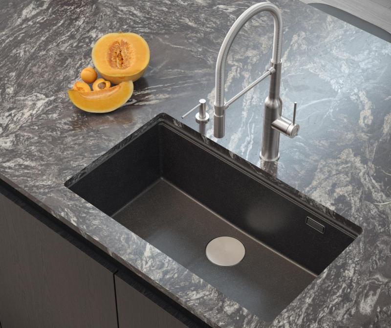 Quadri Newport II chiuvetă mare și adâncă din granit pentru montare pe blat și sub blat, antracit, dimensiuni 76x45cm, cu dop din inox 1208967313.